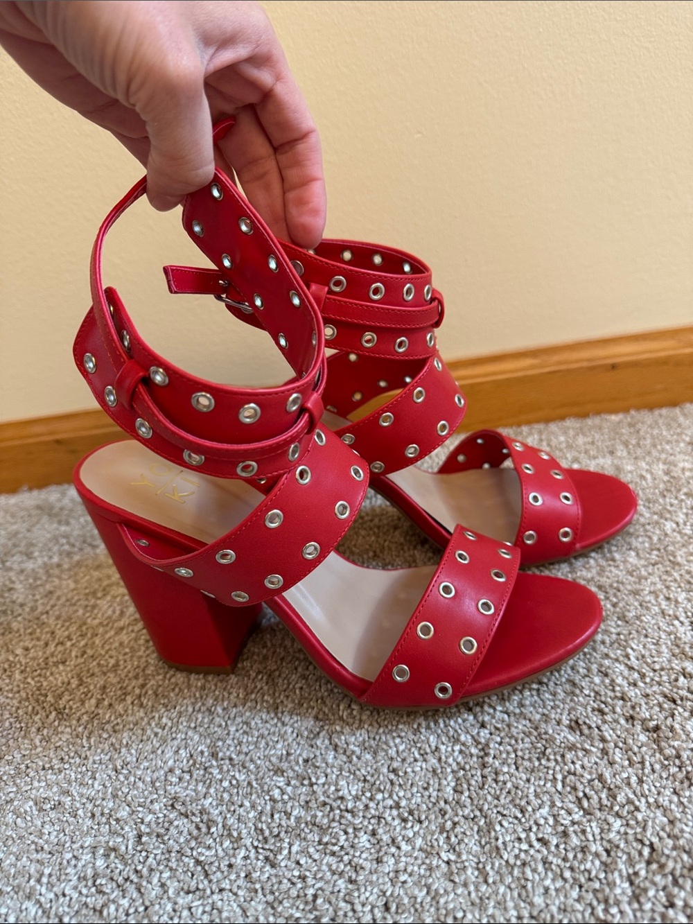Yoki Red Eyelet Block Heel Sandals